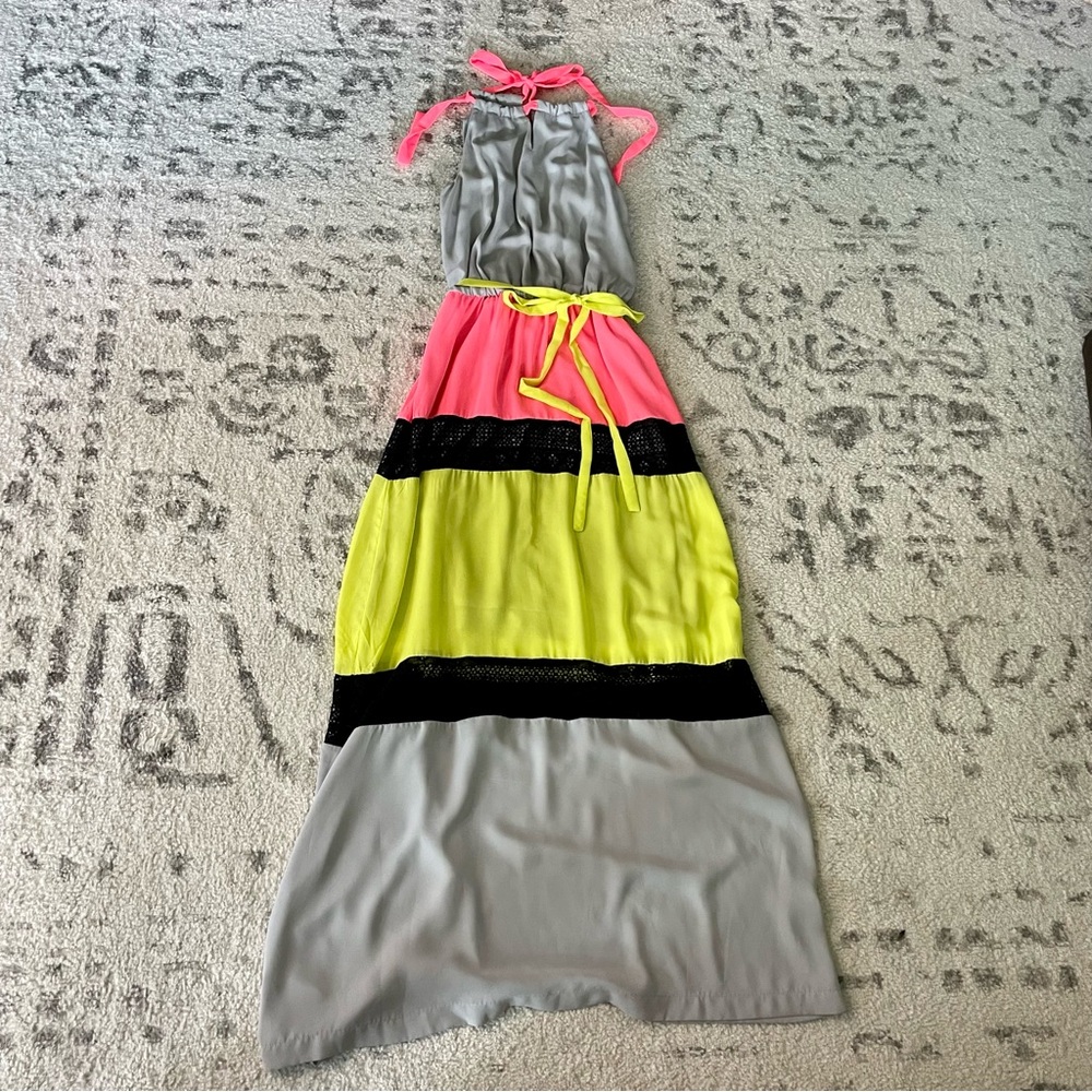 Esley‎ Neon Colorblock Halter Maxi Dress with Lace Accents Women’s Size Small
